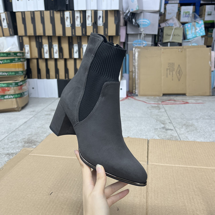 外贸出口女靴尖头纯色粗跟针织弹力瘦瘦靴内里加绒侧拉链短靴