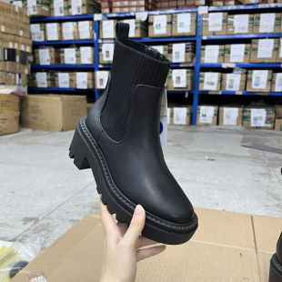 外贸原单女靴新款 休闲短靴马丁靴 圆头纯色厚底粗跟侧拉链时尚