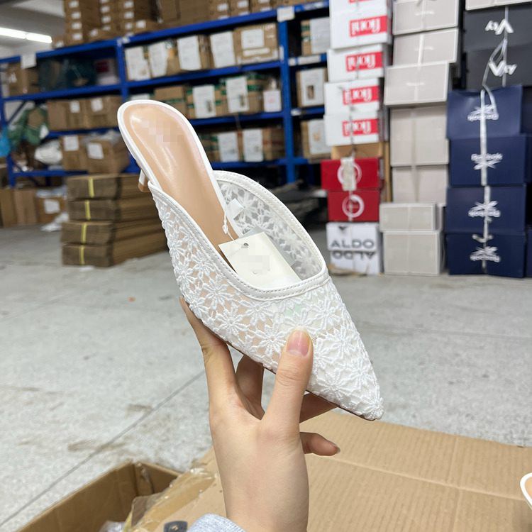 尖头蕾丝网面细跟浅口包头拖鞋
