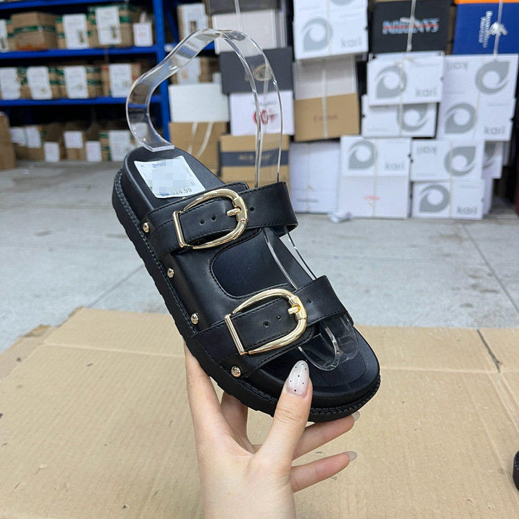 Lady Shoes外贸原单女鞋新款时尚圆头纯色厚底皮带扣波跟拖鞋凉鞋