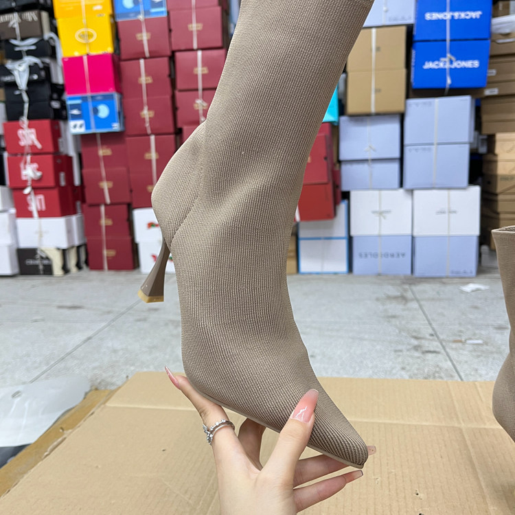 尖头针织面细高跟套筒短靴瘦瘦靴