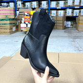 尖头粗跟纯色拼接侧拉链时尚 新款 百搭舒适短筒靴 秋季 外贸原单女鞋
