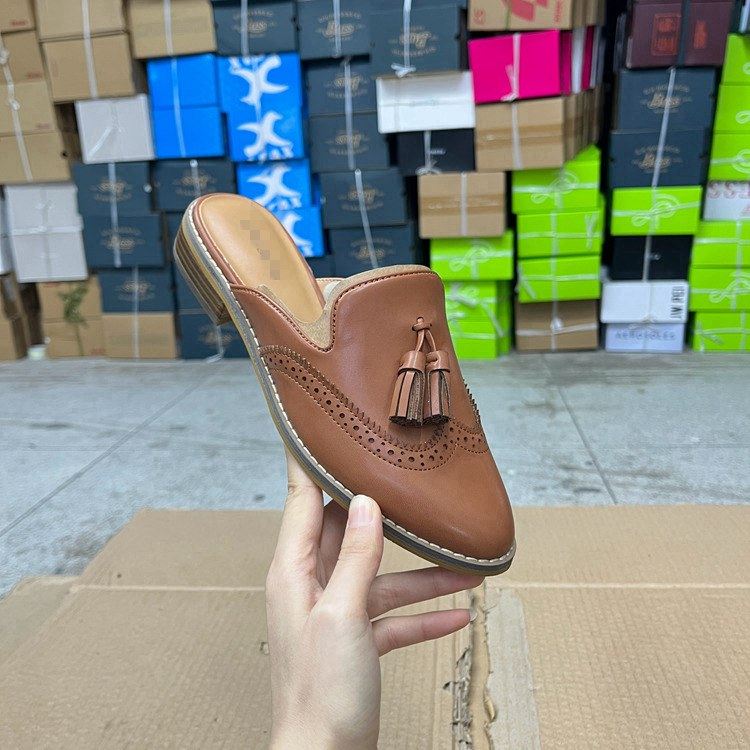 外贸原单女鞋尖头纯色粗跟流苏包头半拖鞋时尚新款休闲百搭凉鞋