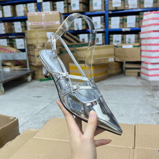 气质百搭舒适一字扣带凉鞋 尖头细跟高跟纯色时尚 新款 外贸原单女鞋