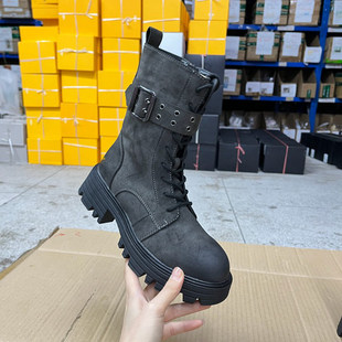 短靴 外贸原单女靴内里加绒圆头厚底系带皮带扣时装 Lady Shoes