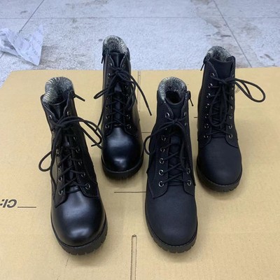 针织圆头粗跟纯色系带侧拉链单靴