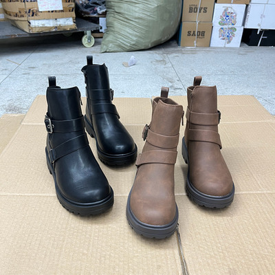 外贸原单欧美时尚西部靴皮带扣圆头粗跟中跟侧拉链厚底马丁靴短靴