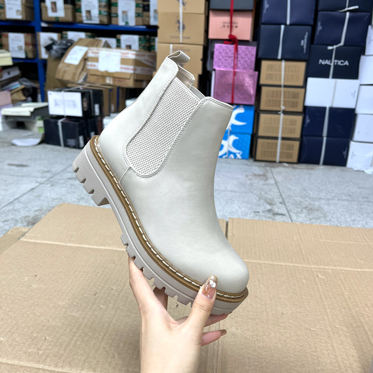 外贸原单女靴秋季新款圆头厚底百搭纯色时尚踝靴英伦风套筒马丁靴