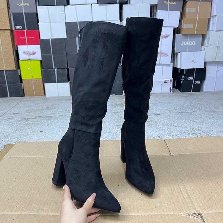 纯色粗跟侧拉链时装长筒靴工装靴