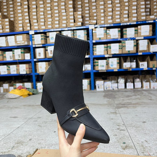 尖头纯色金属扣粗跟短靴瘦瘦靴 时尚 Lady Shoes外贸出口女靴新款