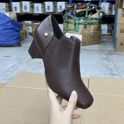 外贸原单女靴新款时尚百搭方头粗高跟浅口单鞋春秋及踝短靴