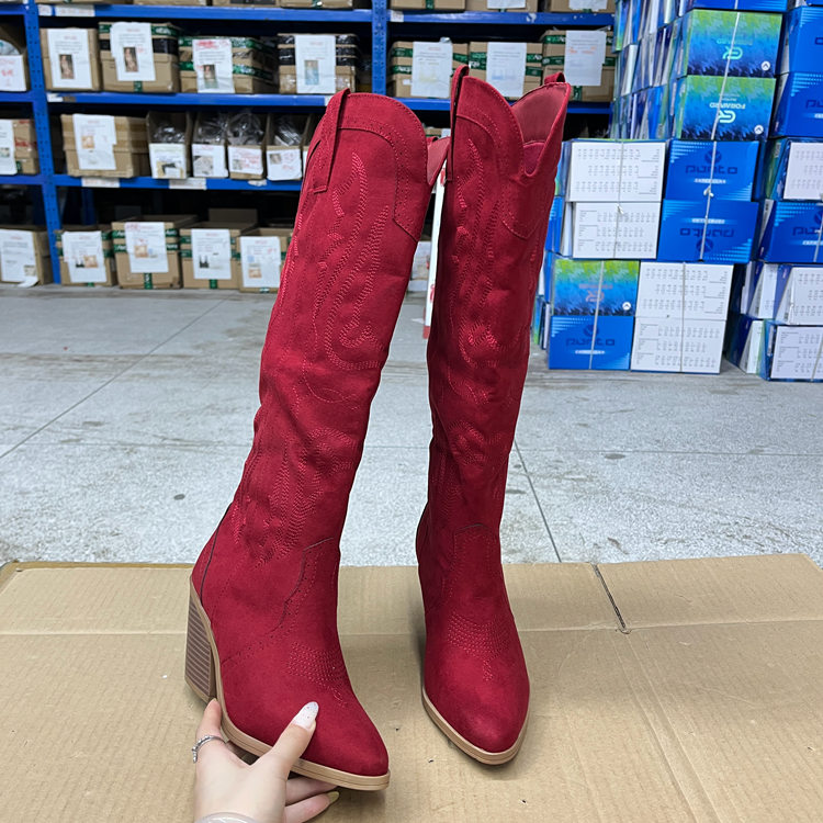 绒面尖头纯色粗跟套筒西部长筒靴