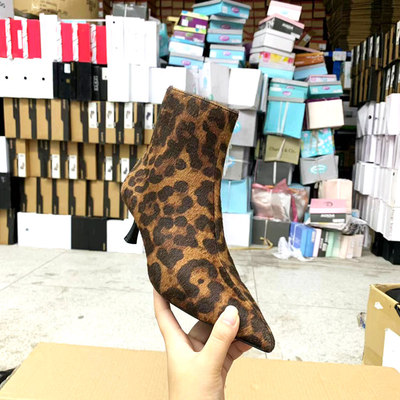 尖头细跟复古瘦瘦靴短靴绒面豹纹