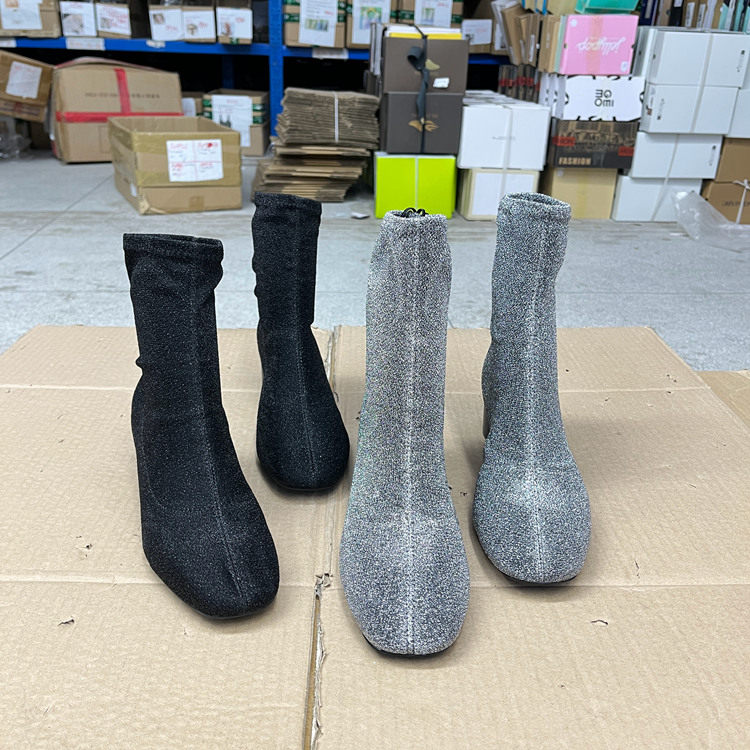 外贸原单新款欧美时尚百搭韩版套筒亮线圆头粗跟瘦瘦靴时装女靴