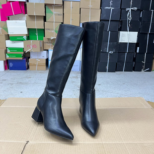外贸原单女靴新款时尚尖头纯色粗高跟侧拉链时装长靴瘦瘦靴工装靴