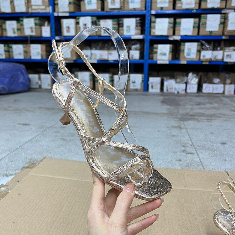 Lady Shoes外贸原单女鞋新款时尚方头纯色细跟细绳一字扣时装凉鞋