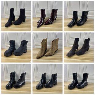 时尚 Lady 外贸原单女靴独码 41码 圆头粗跟侧拉链短靴长靴 Shoes杂款