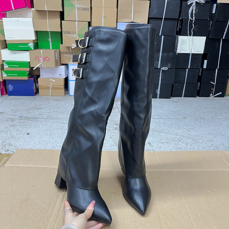 尖头纯色粗跟皮带扣套筒长靴裤靴