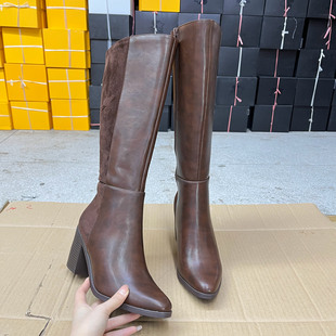 外贸原单尖头粗跟长筒靴简约时尚新款侧拉链舒适气质百搭女款靴子