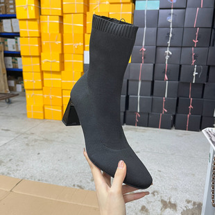 外贸原单粗高跟针织面短靴简约时尚 气质舒适百搭日常外穿靴子 新款
