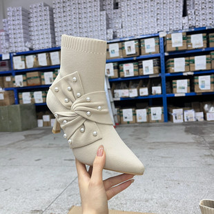Lady Shoes外贸原单女靴时尚尖头纯色蝴蝶结细跟针织面时装短靴