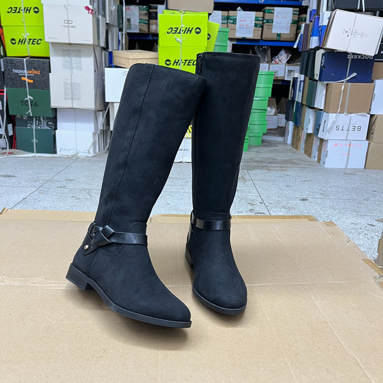 圆头纯色粗跟皮带扣侧拉链长靴