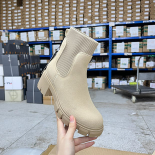外贸原单女靴圆头纯色厚底粗跟弹力布百搭时尚新款套筒时装短靴