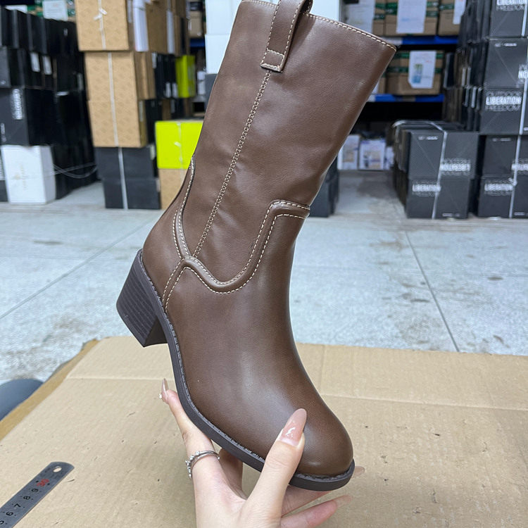 外贸原单粗跟中筒靴简约时尚新款侧拉链舒适休闲百搭女款靴子外穿