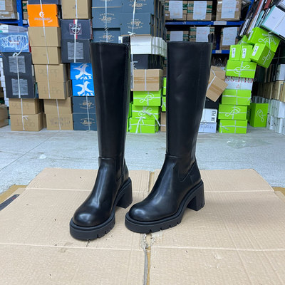 圆头纯色粗高跟侧拉链长靴瘦瘦靴