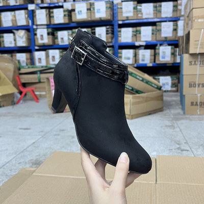 外贸原单女鞋新款圆头纯色后拉链粗跟皮带扣一脚蹬浅口单鞋短靴