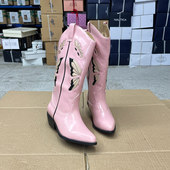 外贸原单女靴新款 休闲中筒靴套筒复古西部长靴 尖头拼色粗跟时尚