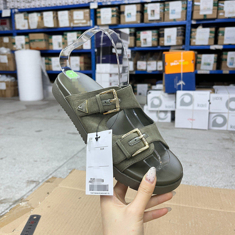 圆头皮带扣三角标平底博肯拖鞋