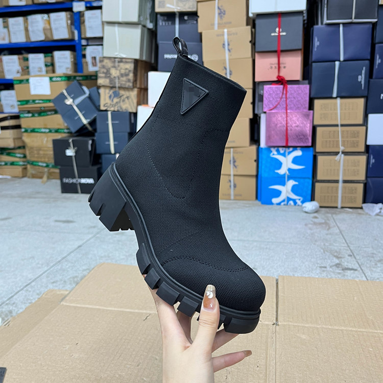 圆头粗跟针织套筒短靴单靴瘦瘦靴