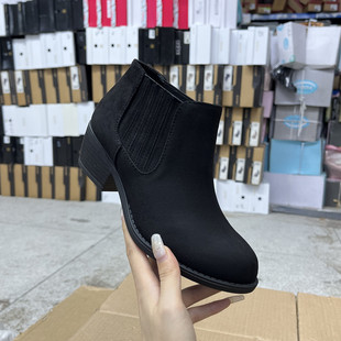 外贸原单女鞋新款尖头时尚纯色粗跟短靴松紧口舒适百搭日常及踝靴