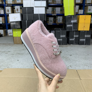 外贸原单女鞋里外羊毛新款圆头纯色松糕底带钻系带毛毛休闲板鞋