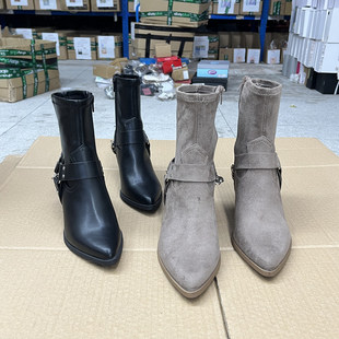 外贸原单尖头粗跟女鞋搭扣款带链条炫酷短靴冬季新款单里百搭日常