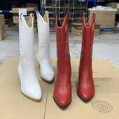 鞋 外贸原单不过膝中筒秋冬尖头时装 靴欧美套筒低跟罗马靴复古时装