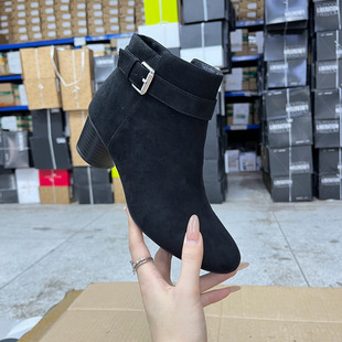外贸原单女靴微瑕时尚新款圆头纯色皮带扣粗高跟侧拉链时装短靴