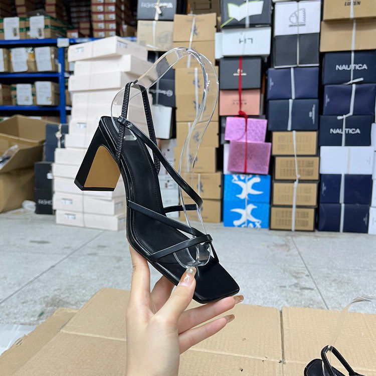 外贸原单女鞋新款方头扁跟纯色细带高跟时尚洋气百搭舒适凉鞋