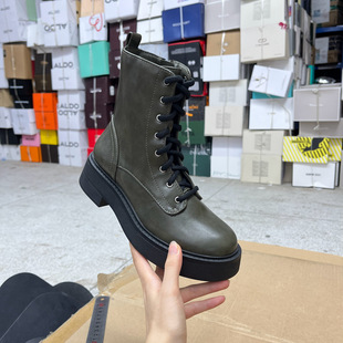 Lady Shoes外贸原单女靴新款圆头纯色厚底系带侧拉链短靴马丁靴