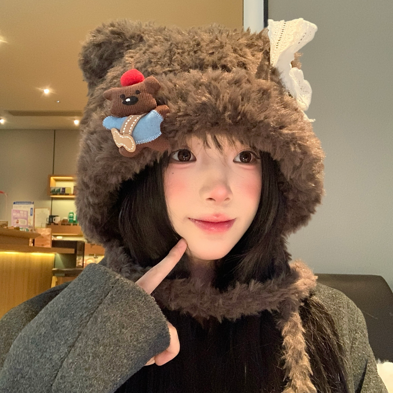 咖色小熊玩偶蝴蝶结耳朵毛绒帽子
