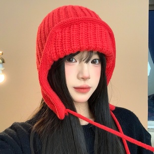 红色喜庆针织毛线帽女秋冬护耳飞行帽保暖百搭显脸小滑雪雷锋帽子