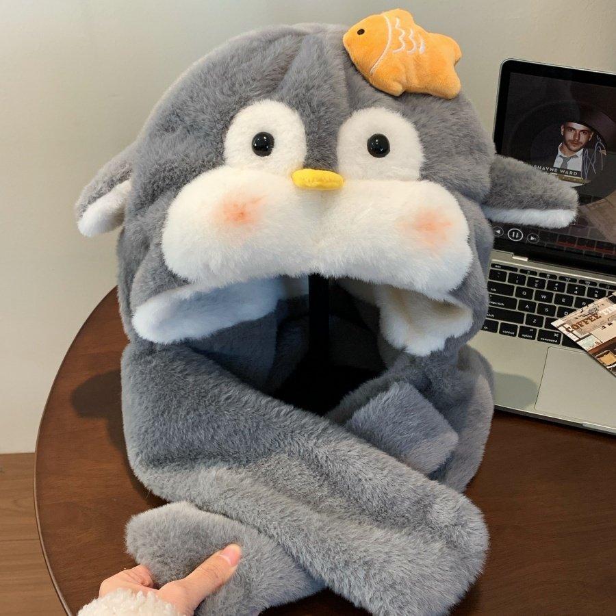 灰色小企鹅毛绒雷锋帽女秋冬季可爱显脸小加厚保暖防寒护耳帽子,服饰配件/皮带/帽子/围巾,帽子,淘宝优惠券,粉丝福利购,淘宝优惠卷