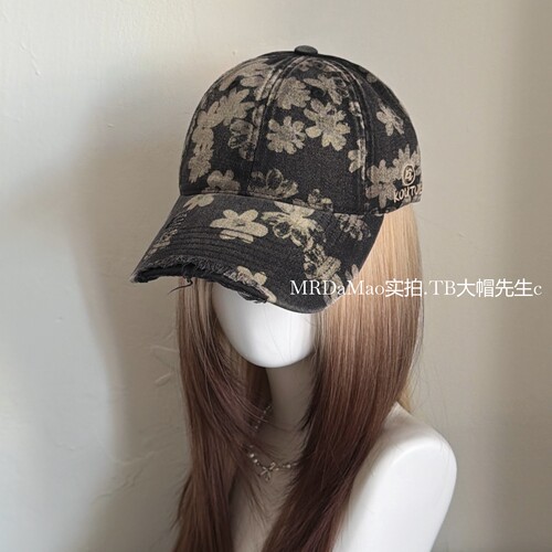 美式复古破洞做旧印花棒球帽子