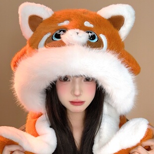 可爱小浣熊毛绒帽子围巾一体女冬季耳朵会动加绒加厚护耳雷锋帽子