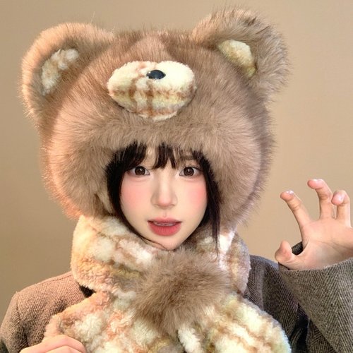咖色格纹小熊帽子围巾一体女冬季
