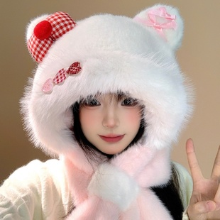 粉色可爱猫耳朵蝴蝶结毛绒帽子围巾一体女冬季加厚保暖护耳两件套