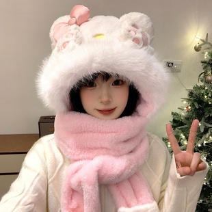 粉色可爱小猫爪蝴蝶结毛绒帽子围巾手套一体女保暖冬季防寒三件套