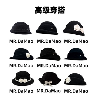 千金风高级感黑色礼帽系列女秋冬季显脸小气质盆帽大头围渔夫帽子
