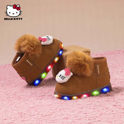 Hello Kitty儿童雪地靴女童冬季加绒保暖毛毛鞋LED发光卡通棉鞋